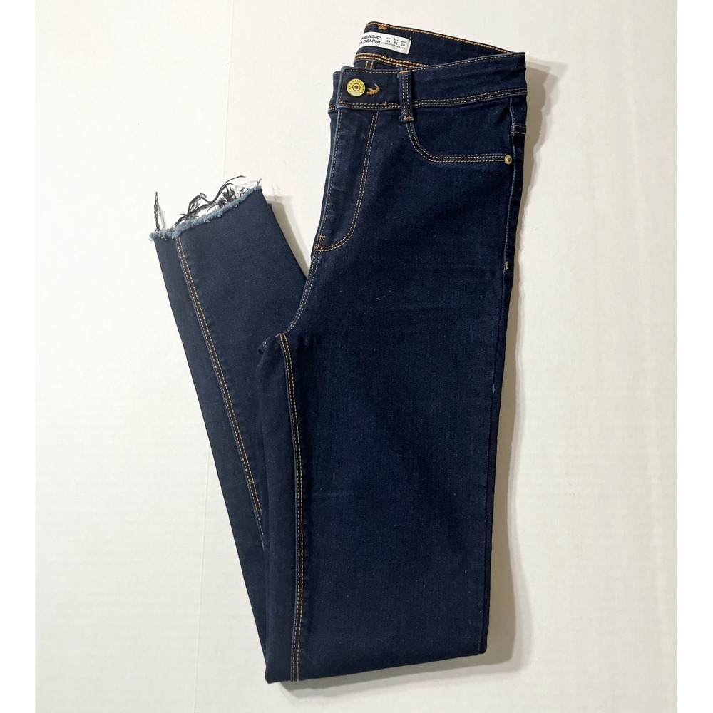 Zara Basic Z1975 Jeans Women's 2 High Rise Skinny Blue Indigo Raw Hem Stretch
